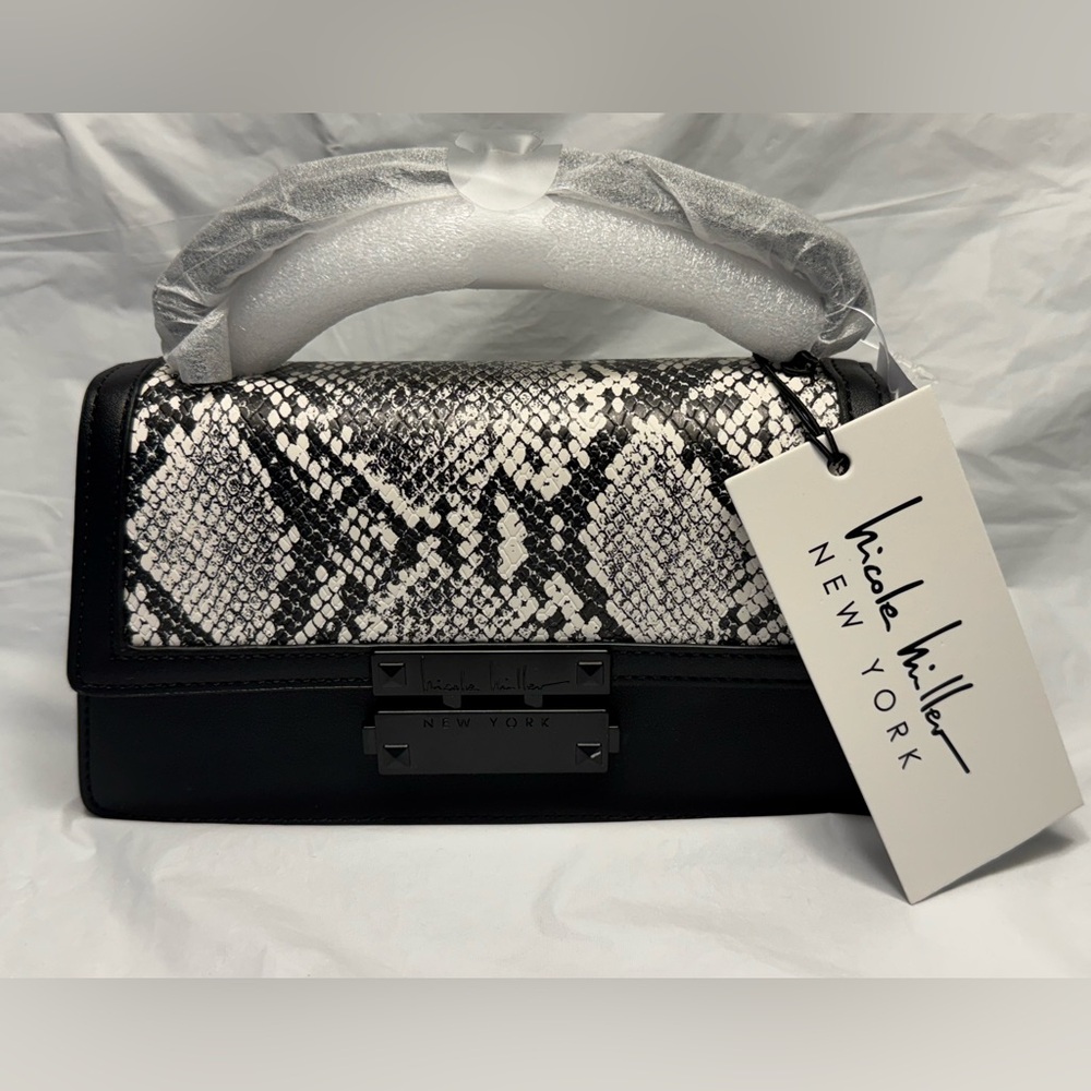Nicole Miller Snakeskin Mini Crossbody/Handbag/Purse Black/White Chain Handle
